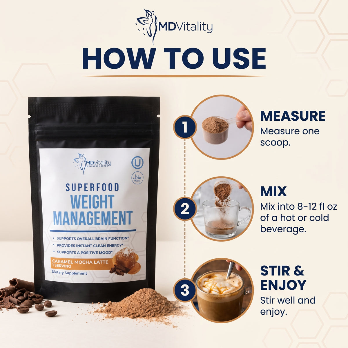 MDVitality Superfood Weight Management – Caramel Mocha Latte 1 Servings (Pack of 3)