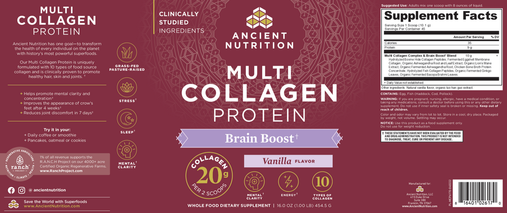 Ancient Nutrition Multi Collagen Protein Brain Boost – Vanilla, 16 oz