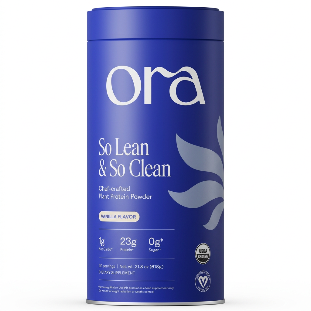 Ora protein powder on a white background