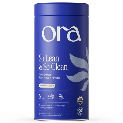 Ora protein powder on a white background
