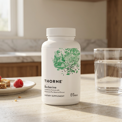 Thorne Berberine front view in a daily breakfast setting